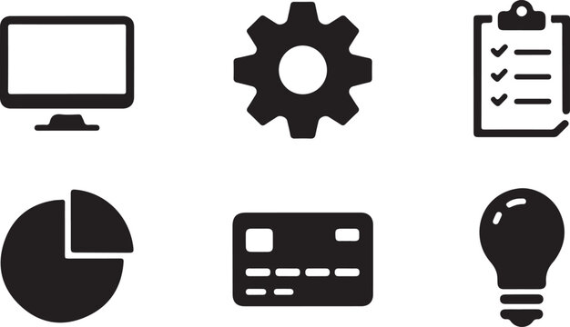 Silhouette Style Business Icons Vector Set Isolated on Black Background Illustration