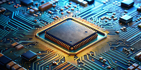 Poster - A detailed view of a microchip is showcased on a circuit board. The intricate pathways and components highlight advanced technology, enhanced by vibrant blue and gold illumination