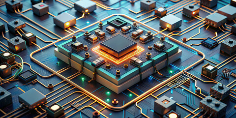 Poster - A microchip is centrally placed on a circuit board, surrounded by tiny components and illuminated pathways. This setting showcases advanced technology and innovation in electronics