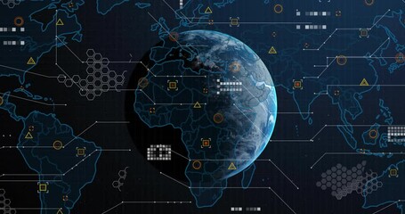 Poster - Dark backdrop starting globe rotating, icons fading in and grids expanding for data visualization