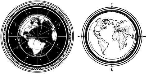 Poster - Detailed icon set featuring black and white globes representing different world maps