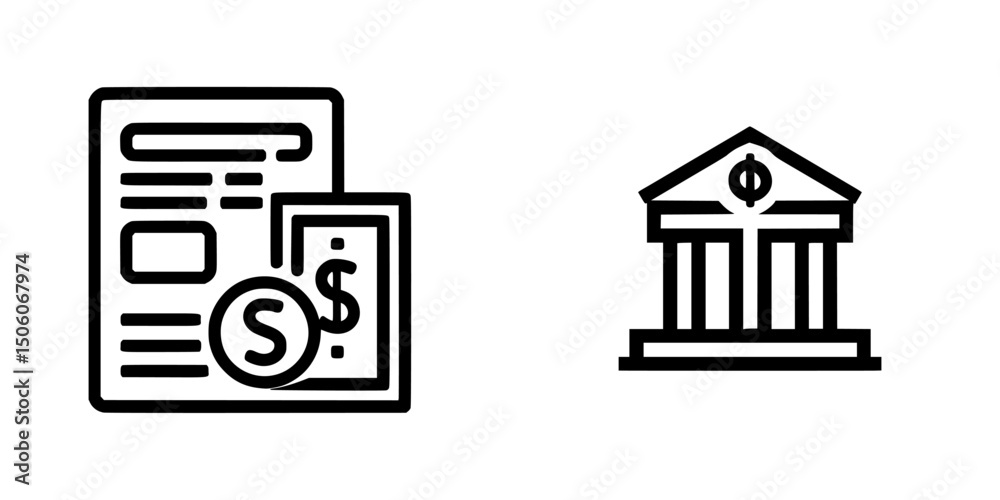 Monetary Base Icon Icon set featuring financial documents and bank building symbols for ...