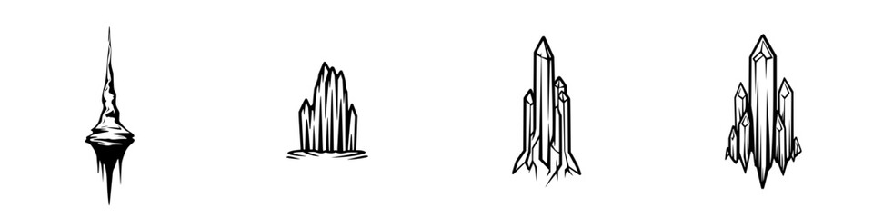 Poster - Elegant icon set showcasing various crystal and mineral shapes in minimalist black and white designs for creative projects