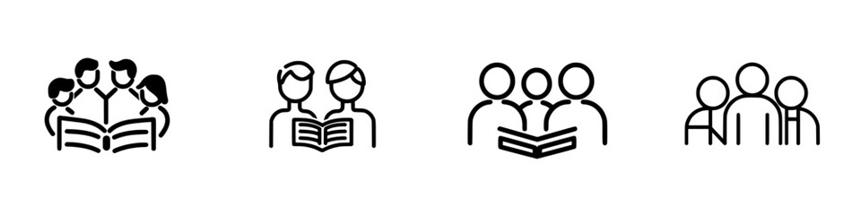 Poster - Icon set for group reading and collaboration activities featuring diverse figures engaged in discussion