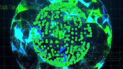 Poster - Scrolling code activating sphere emerging, rotating pulsing nodes orbiting shards showing data flow