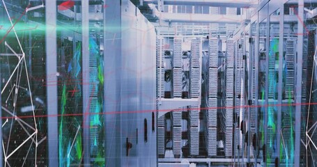Poster - Digital overlay appearing on server racks, laser scanning and camera gliding highlighting LEDs