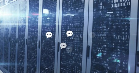 Poster - Opening binary-etched server racks, chat bubbles emerging clustering fading visualizing data flow