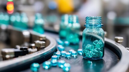 Poster - production of blue glass bottles filled with capsules on a conveyor belt in a manufacturing facility