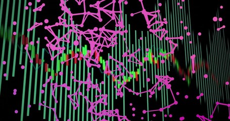Poster - Teal bars and chart emerging, particles linking into magenta network illustrating connectivity