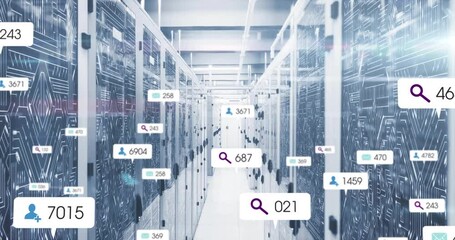 Poster - On start search icon appearing over server aisle callouts drifting surging showing live data flow