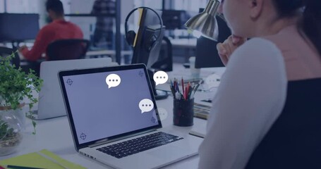Poster - Female worker watching laptop, chat bubbles appearing disappearing, illustrating business messaging