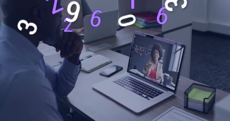 Poster - Mature male joining remote meeting for data analysis, animated purple numerals swirling then fading