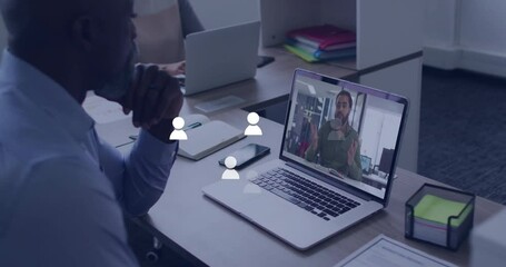 Poster - Colleague speaking on business call initiating icons joining clustering fading with man listening