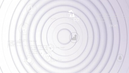 Poster - Opening concentric rings on pale backdrop, bar graph and eco icons fading and orbiting showing data
