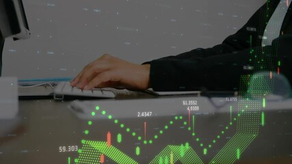 Poster - Businesswoman typing data on keyboard generating finance line graph and candlesticks wrapping wrist