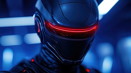 Poster - Futuristic cyborg robot with sleek design, glowing red visor and advanced technology in a sci-fi environment