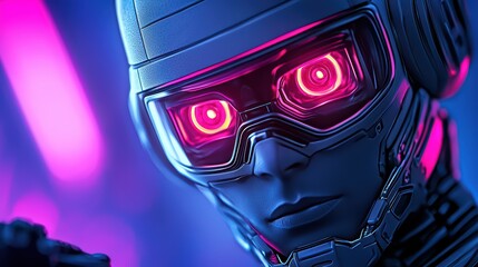 Poster - Futuristic robot with glowing eyes in neon lights, showcasing advanced technology and cybernetic design