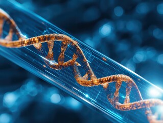 Poster - Close-up View of a 3D DNA Helix Structure Inside a Transparent Tube with Blue Backgrounds and Reflections