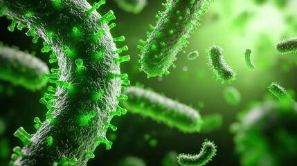 Poster - Microscopic View of Green Bacteria with Glowing Effects and a Soft Focus Background in a Scientific Environment