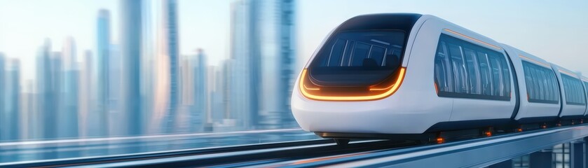 Poster - Modern High-Speed Train Moving Through Urban Environment with Futuristic Skyscrapers in Background