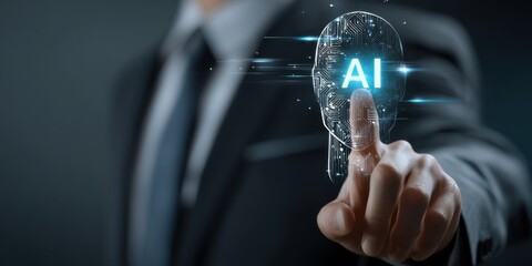 Poster - Business professional interacts with artificial intelligence technology interface in a modern setting