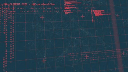 Poster - Magenta grid opening triggers code appearing scrolling and vanishing with particles showing data
