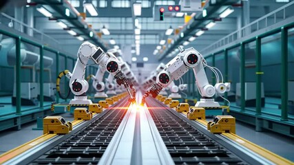 Leinwandbilder - Robotic arms working together on an automated production line in a modern factory setting with bright lighting and precision technology
