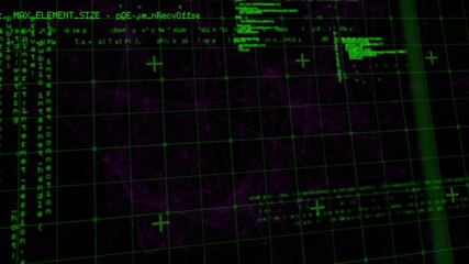 Poster - Opening purple grid, code columns animating, scanline sweeping, plus markers popping, code filling
