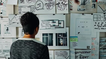 Leinwandbilder - Creative professional analyzing design concepts on a wall covered with sketches, charts, and notes in a modern workspace