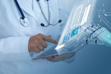 Poster - Doctor using tablet computer, closeup. Robot hand touching virtual screen above device. Artificial intelligence in medicine