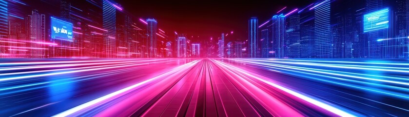 Poster - Futuristic city skyline at night with neon lights and motion blur creating a dynamic urban atmosphere