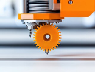Poster - Close-Up View of a 3D Printer with Orange Gear and Metal Nozzle for Precision Manufacturing Applications