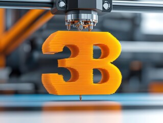 Poster - Orange 3D Printed Letter B Hanging from Printer Nozzle in Modern Workshop Environment