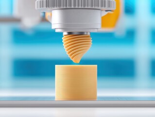 Poster - Close-Up of a 3D Printer Extruding Yellow Filament in a Modern Fabrication Workshop Environment