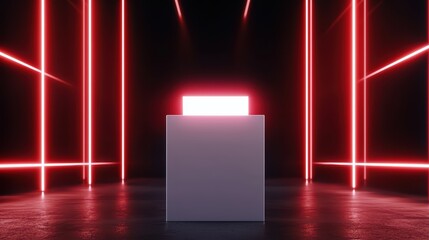 Poster - Futuristic Display Stand with Neon Lights in Dark Room for Creative Product Presentation and Advertising