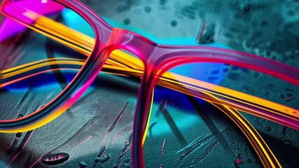 Poster - Colorful glasses resting on a wet surface showcasing vibrant reflections with a dynamic and artistic flair in this 4K stock footage