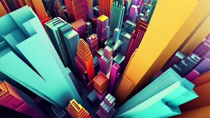 Poster - Colorful aerial view of vibrant city skyline with modern architecture in a digitally rendered design during daytime