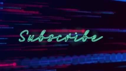 Poster - Subscribe text appearing then glowing neon red or blue streaks accelerating behind creating tech vib