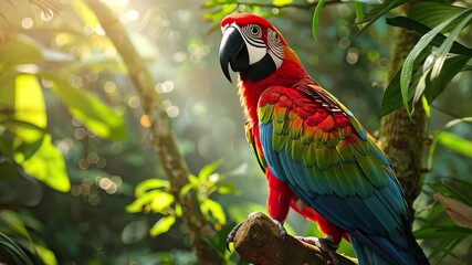 Poster - Colorful macaw perched on a branch under sunlight in a lush forest setting, showcasing its vibrant feathers and natural habitat