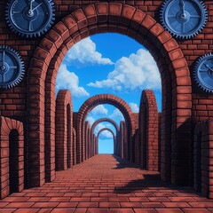 Poster - Surreal Pathway with Arched Brick Structures and Clocks Against a Vibrant Sky and Clouds
