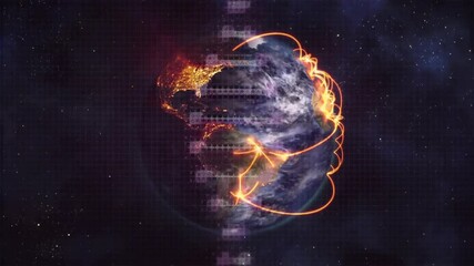 Poster - Revealing Earth half-obscured by purple pixel band, rotating globe tracing arcs forming network