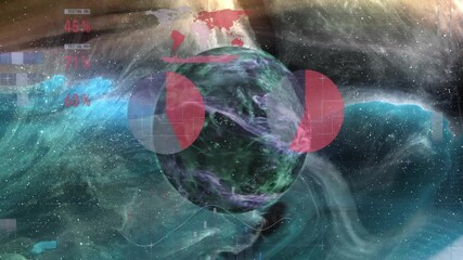Poster - Planet drifting into view causing panels appearing charts forming map emerging and showing stats
