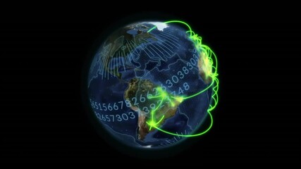 Poster - Green pulses appearing over land initiating streams and arcs showing connections on spinning globe