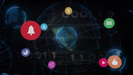 Poster - Opening dark grid drawing wireframe globe, orbiting social icons illustrating digital network