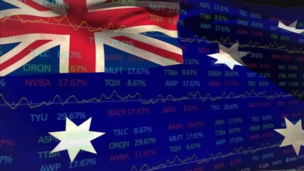 Poster - On start, Australian flag waving while financial tickers updating to show real-time market trends