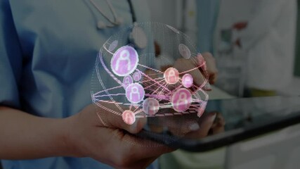 Poster - Medical professional holding tablet tilting revealing rotating network sphere for patient data