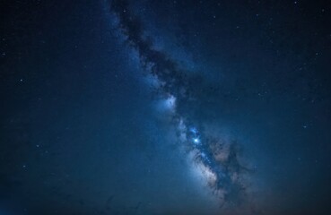 Wall Mural - Night sky filled with countless stars. Milky Way galaxy shines bright, with galaxies and universes set against a deep blue, dark backdrop. Cosmic exploration astrophotography background.