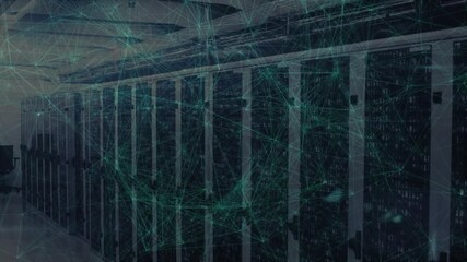 Poster - Green network lines starting at server fronts mapping racks, pulsing into mesh, showing data flow