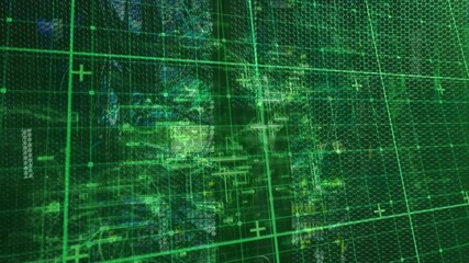 Poster - At start neon green grid pulsing nodes and boxes, crossing lines, drifting settling data interface