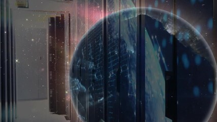 Poster - 3D digital globe emerging from server racks rotating revealing continents visualizing data flow